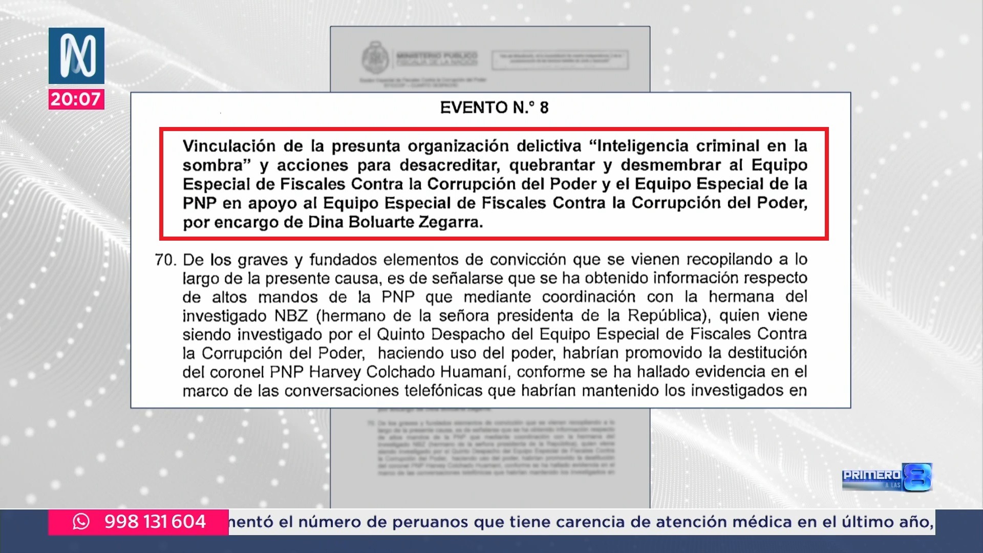 Dina Boluarte habría encargado "desacreditar y desmembrar" al Eficcop y destituir a Harvey Colchado, según Fiscalía