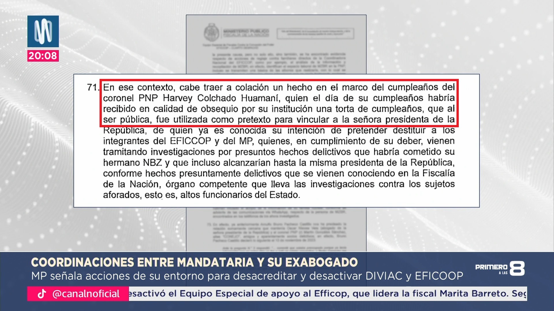 Dina Boluarte habría encargado "desacreditar y desmembrar" al Eficcop y destituir a Harvey Colchado, según Fiscalía