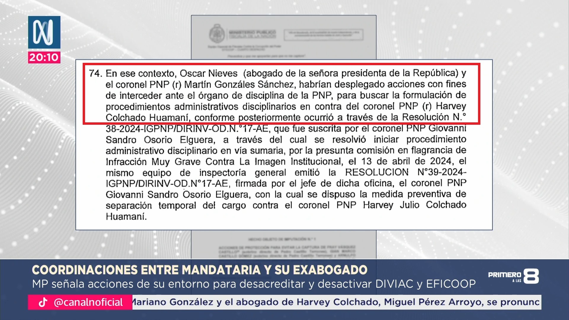 Dina Boluarte habría encargado "desacreditar y desmembrar" al Eficcop y destituir a Harvey Colchado, según Fiscalía