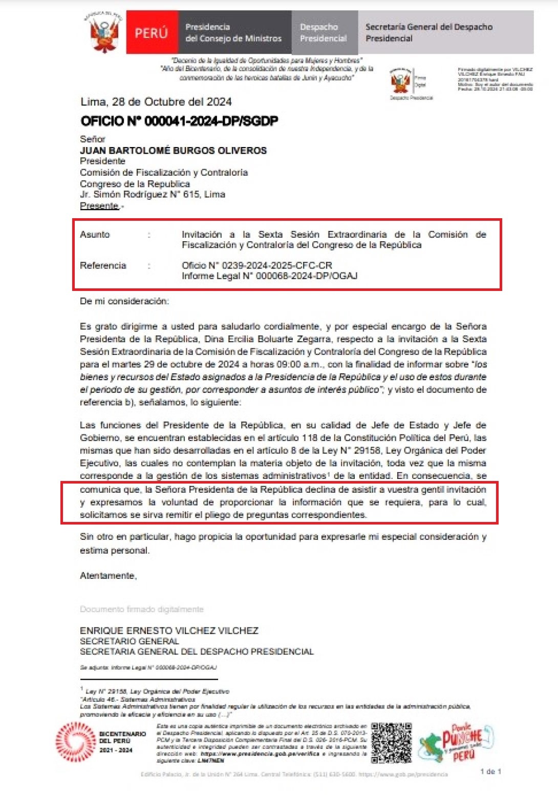 Dina Boluarte no acudirá a la Comisión de Fiscalización