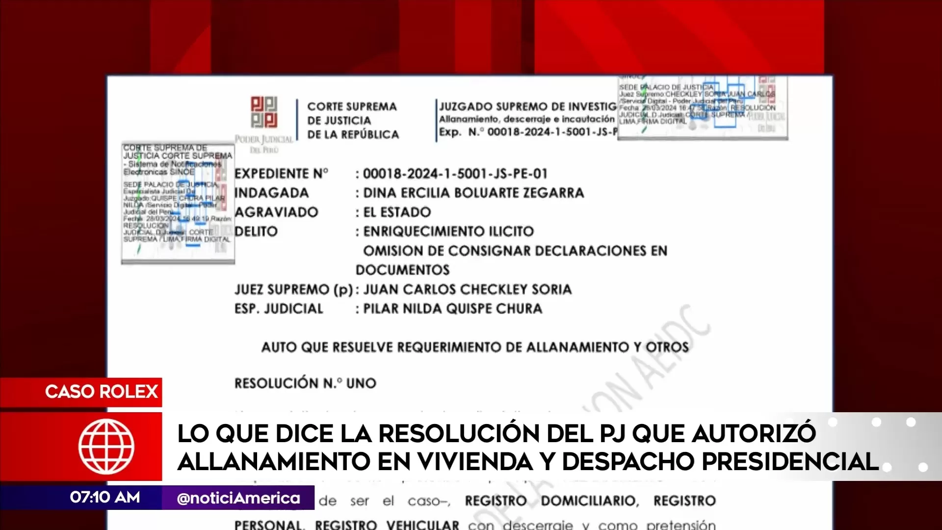 Resolución judicial que ordenó allanamiento a la vivienda de Dina Boluarte - Foto: América Noticias