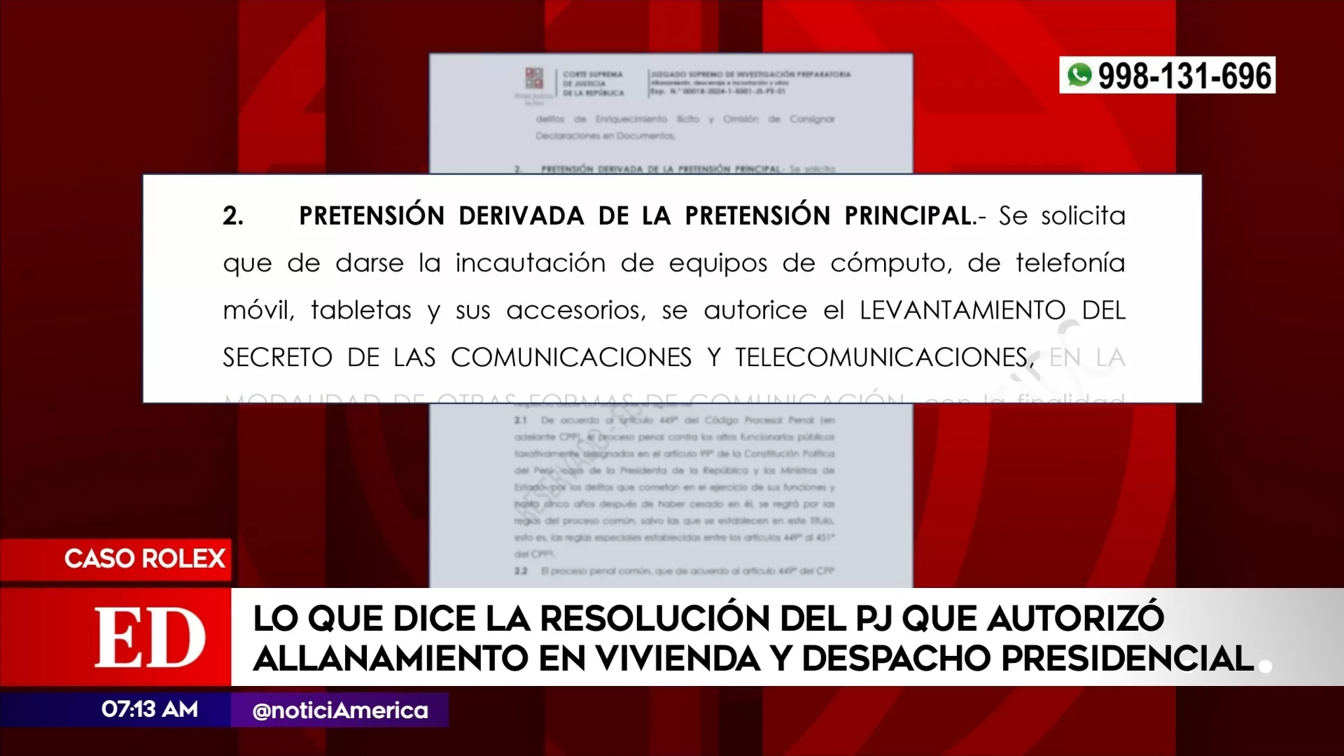 Resolución judicial que ordenó allanamiento a la vivienda de Dina Boluarte - Foto: América Noticias