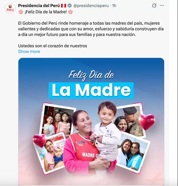 Dina Boluarte por el Día de la madre. Foto: Presidencia