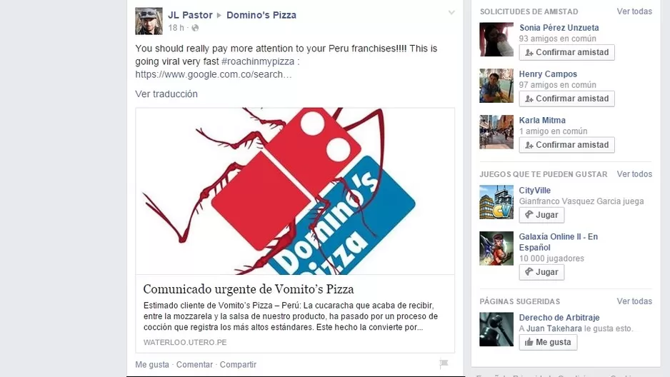 Domino's Internacional calificó de "inaceptable" caso de una cucaracha en la pizza