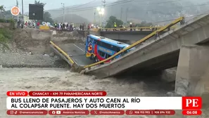 Bus lleno de pasajeros y auto caen a río al colapsar puente en Chancay. Foto y video: América Noticias