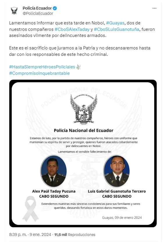 La policía ecuatoriana confirmó la muerte de dos de sus integrantes tras la crisis de inseguridad - Foto: @PoliciaEcuador