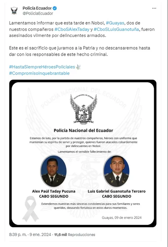 La policía ecuatoriana confirmó la muerte de dos de sus integrantes tras la crisis de inseguridad - Foto: @PoliciaEcuador