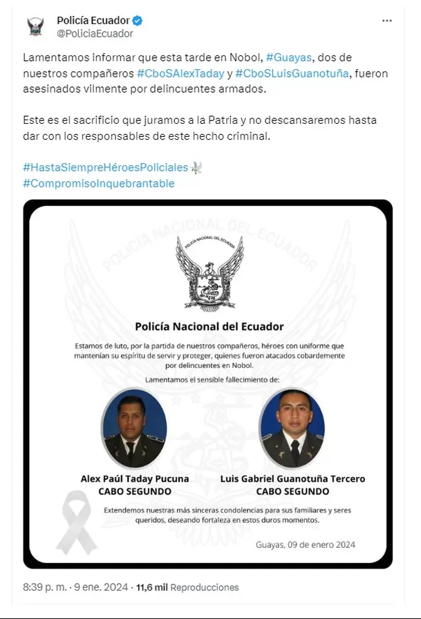 La policía ecuatoriana confirmó la muerte de dos de sus integrantes tras la crisis de inseguridad - Foto: @PoliciaEcuador