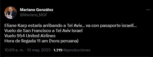 Eliane Karp abandonó EE.UU. y viajó a Israel