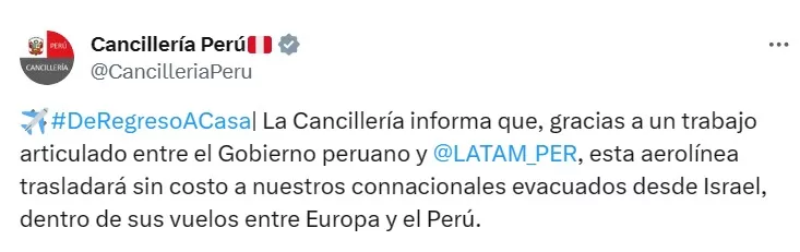 Gobierno peruano acordó con Latam para traslado de peruanos