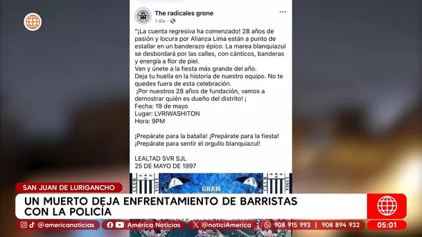 Un muerto deja enfrentamiento de barristas con la Policía en San Juan de Lurigancho. Foto: América Noticias Un muerto deja enfrentamiento de barristas con la Policía en San Juan de Lurigancho. Foto: América Noticias