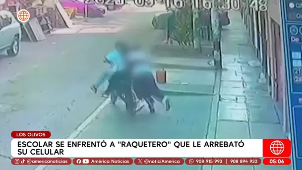 Escolar enfrenta a raquetero que le robó el celular en Los Olivos. Foto: América Noticias