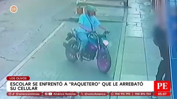 Escolar enfrenta a raquetero que le robó el celular en Los Olivos. Foto: América Noticias