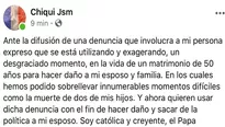 Mensaje de la esposa de Daniel Mora. Foto: Facebook