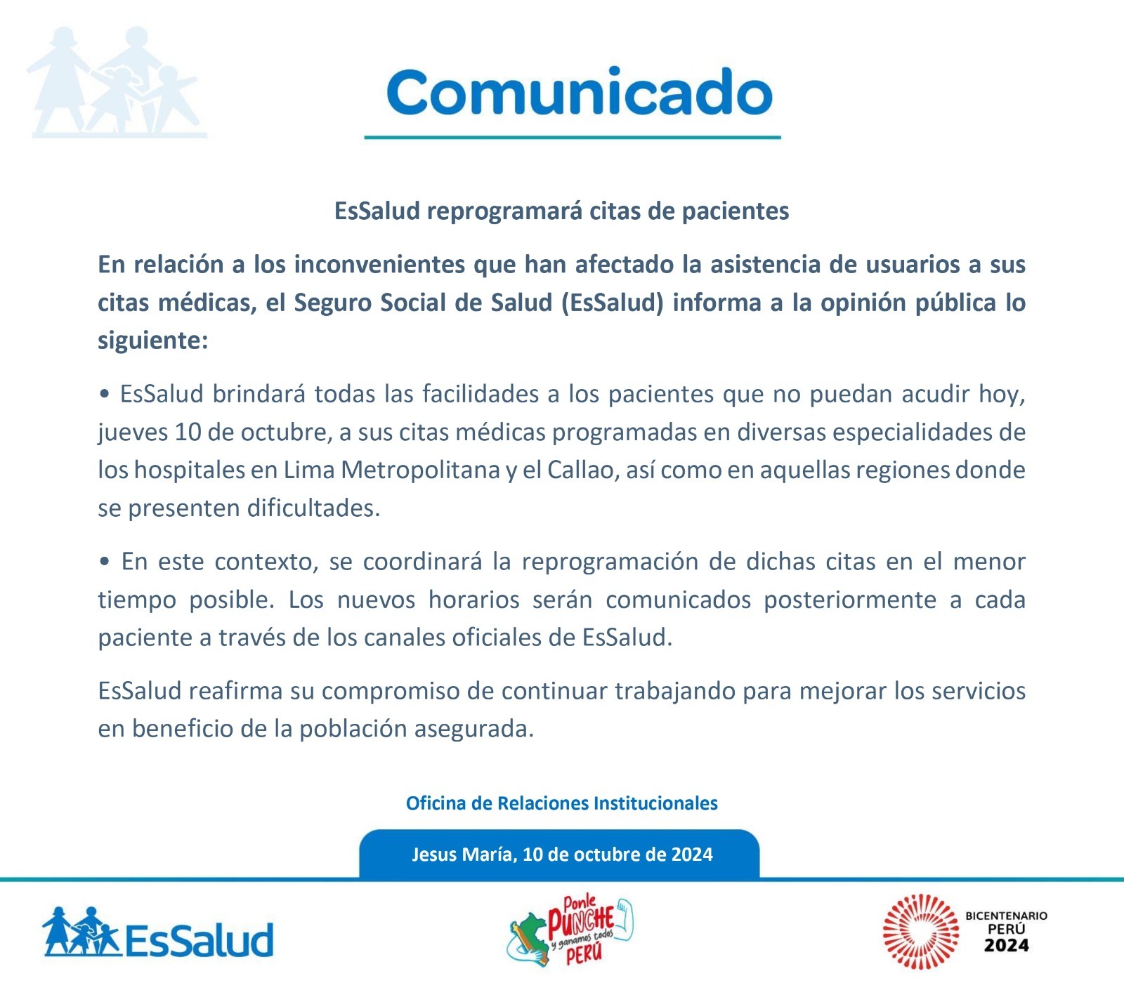 EsSalud anuncia reprogramación de citas por paro de transporte