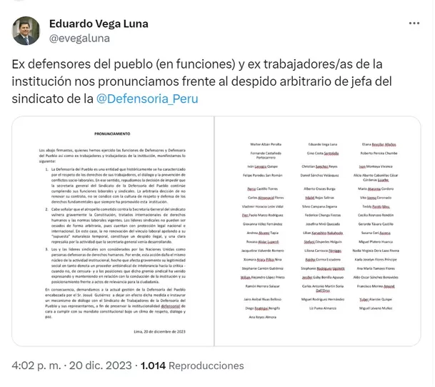 El exdefensor del Pueblo, Eduardo Vega, publicó el comunicado - Foto: @evegaluna