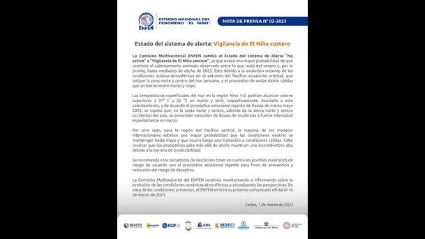 Comunicado del Enfen sobre el Niño Costero