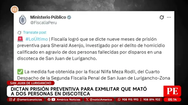 Exmilitar recibe prisión preventiva por doble crimen en San Juan de Lurigancho. Foto: América Noticias