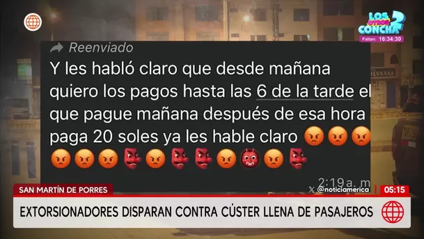 Extorsionadores balean cúster con pasajeros en San Martín de Porres. Foto: América Noticias