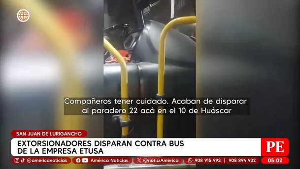 Extorsionadores disparan contra bus de la empresa Etusa en San Juan de Lurigancho. Foto: América Noticias Extorsionadores disparan contra bus de la empresa Etusa en San Juan de Lurigancho. Foto: América Noticias