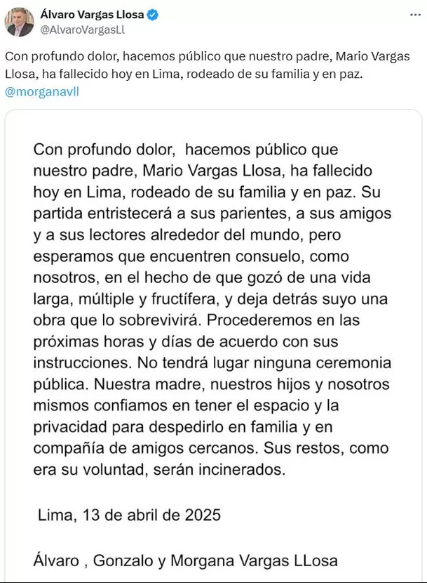 Falleció Mario Vargas Llosa Falleció Mario Vargas Llosa