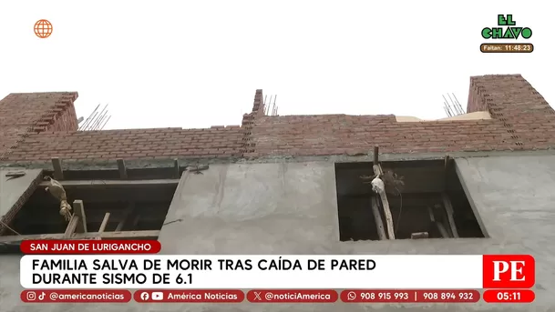 Familia salva de morir tras caída de pared durante sismo de 6.1 en San Juan de Lurigancho. Foto: América Noticias