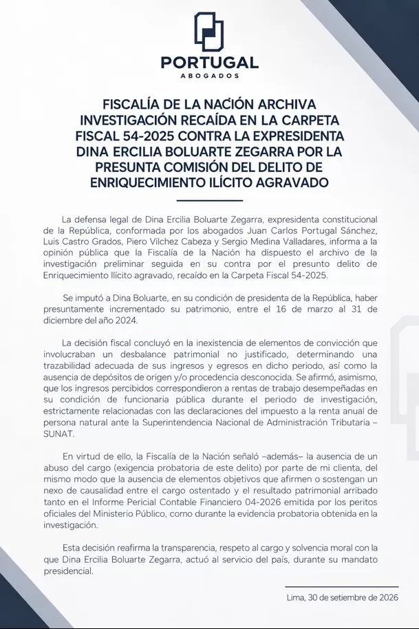 La Fiscalía de la Nación archivó la investigación contra la expresidenta Dina Boluarte por presunto enriquecimiento ilícito agravado. Comunicado: Portugal Abogados La Fiscalía de la Nación archivó la investigación contra la expresidenta Dina Boluarte por presunto enriquecimiento ilícito agravado. Comunicado: Portugal Abogados