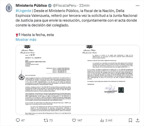 Ministerio Público exige a la JNJ enviar resolución sobre Patricia Benavides. Foto: Fiscalía