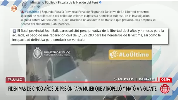 Fiscalía pide prisión para mujer que mató a vigilante en Trujillo. Foto: América Noticias