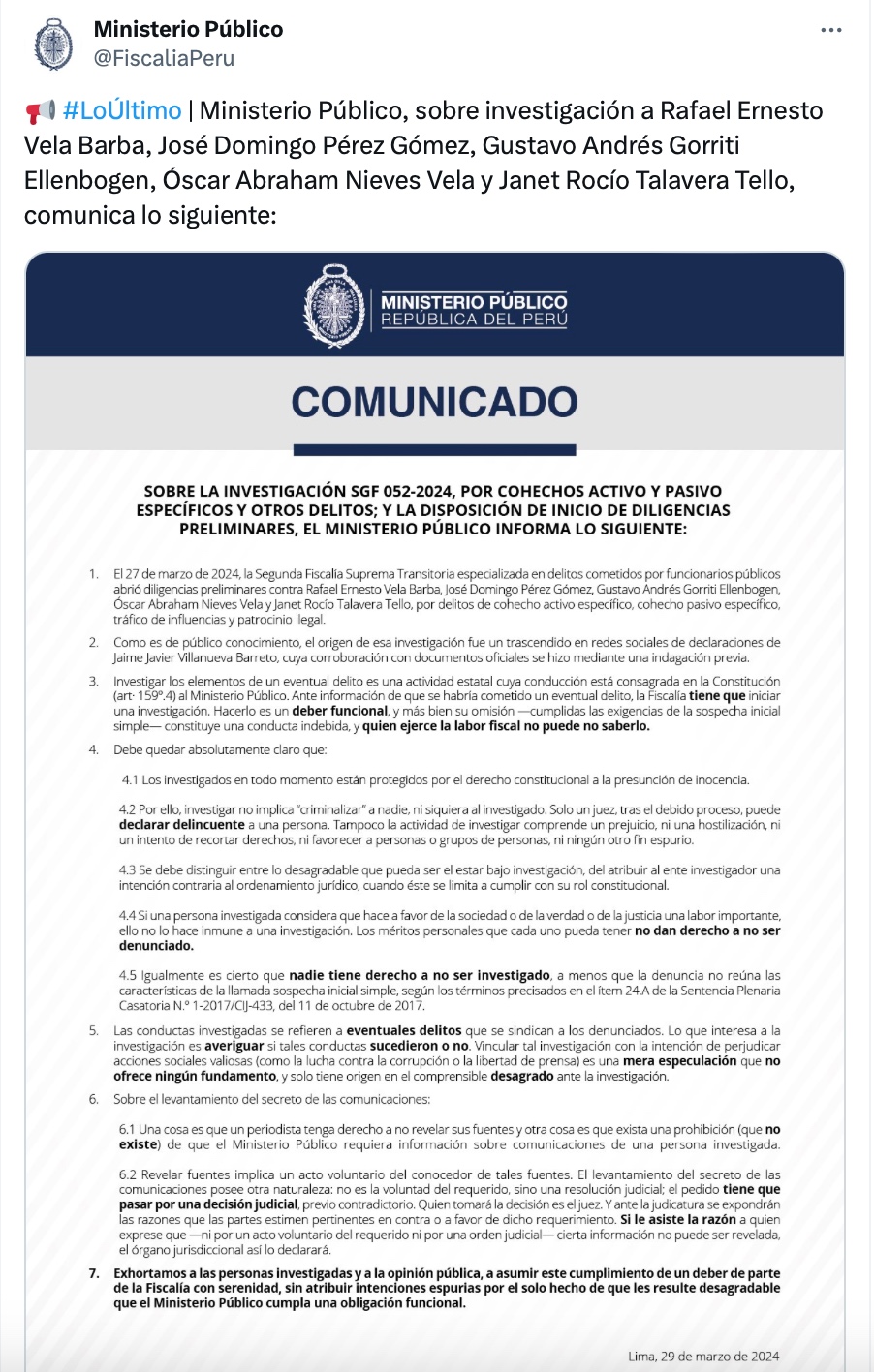 Fiscalía sobre investigación a Rafael Vela, Domingo Pérez y Gustavo Gorriti: “Investigar no implica criminalizar a nadie”