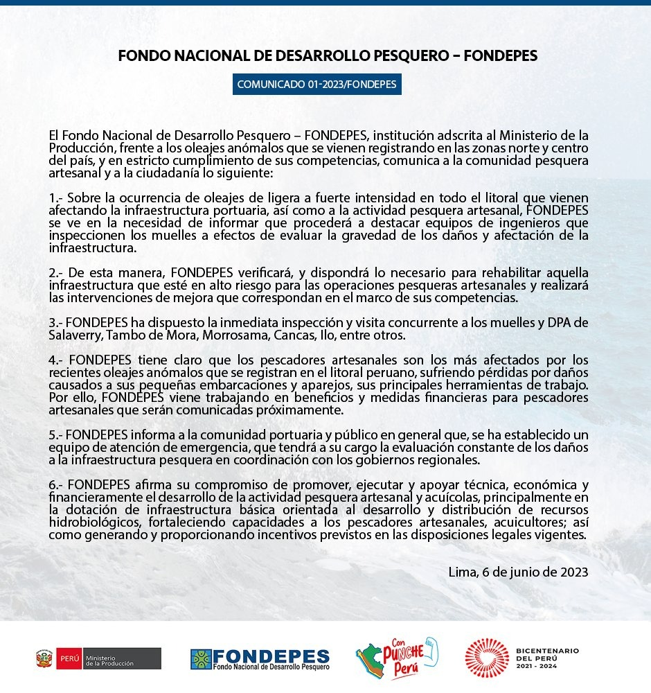 Fondepes brindará apoyo a pescadores artesanales afectados por fuertes oleajes