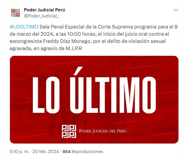 Freddy Díaz: Poder Judicial programa inicio de juicio oral contra el excongresista para el 8 de marzo