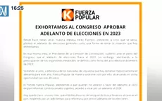 Fuerza Popular exhorta al Congreso adelantar elecciones para 2023 - Noticias de elecciones 2022