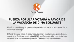 Fuerza Popular votará a favor de la vacancia de Dina Boluarte. Foto: Fuerza Popular. Video: Canal N