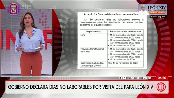 Gobierno declara días no laborables por la visita del papa León XIV. Foto: América Noticias Gobierno declara días no laborables por la visita del papa León XIV. Foto: América Noticias