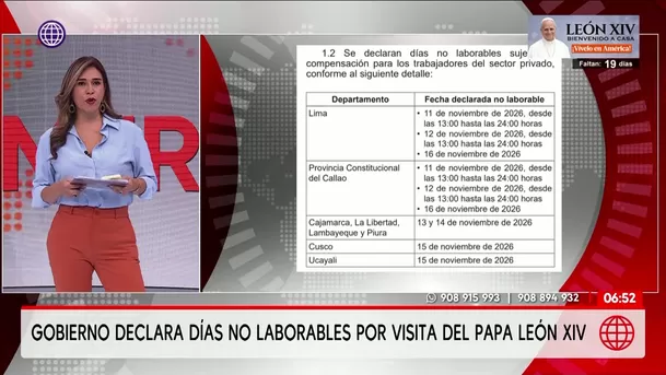 Gobierno declara días no laborables por la visita del papa León XIV. Foto: América Noticias Gobierno declara días no laborables por la visita del papa León XIV. Foto: América Noticias
