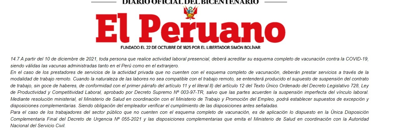 Gobierno dispone plazo de 30 días para que trabajadores sin vacunación puedan laborar presencialmente