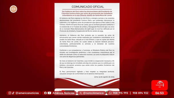 Gobierno protesta por provocación de colombianos en isla Chinería. Foto: América Noticias Gobierno protesta por provocación de colombianos en isla Chinería. Foto: América Noticias