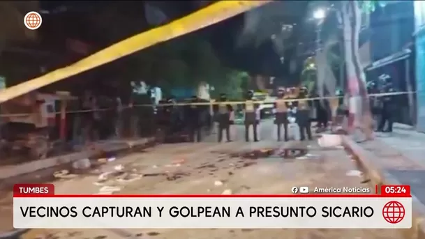 Vecinos golpean a presunto sicario tras asesinato de empresario en Tumbes. Foto: América Noticias