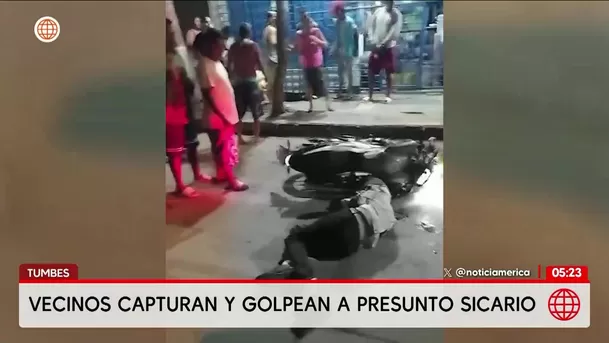 Vecinos golpean a presunto sicario tras asesinato de empresario en Tumbes. Foto: América Noticias