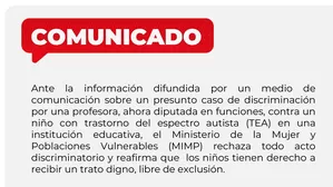 El MIMP rechazó presuntos actos de discriminación contra un niño con TEA tras conocerse el juicio a la diputada Graciela Chipana por hechos ocurridos cuando era docente en Moquegua, caso revelado por Cuarto Poder. Imagem: Comunicado MIMP. Video: Canal N