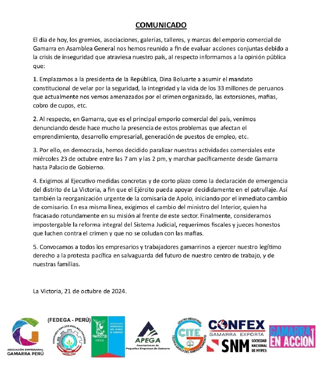 Gremios de Gamarra se sumarán al paro del 23 de octubre