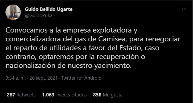 Bellido: Gas de Camisea se nacionalizará si no se reparten utilidades a favor del Estado