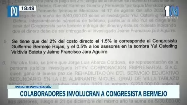 Parte del testimonio brindado por un colaborador eficaz contra el congresista Guillermo Bermejo - Foto: Canal N