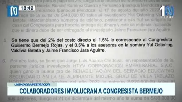 Parte del testimonio brindado por un colaborador eficaz contra el congresista Guillermo Bermejo - Foto: Canal N