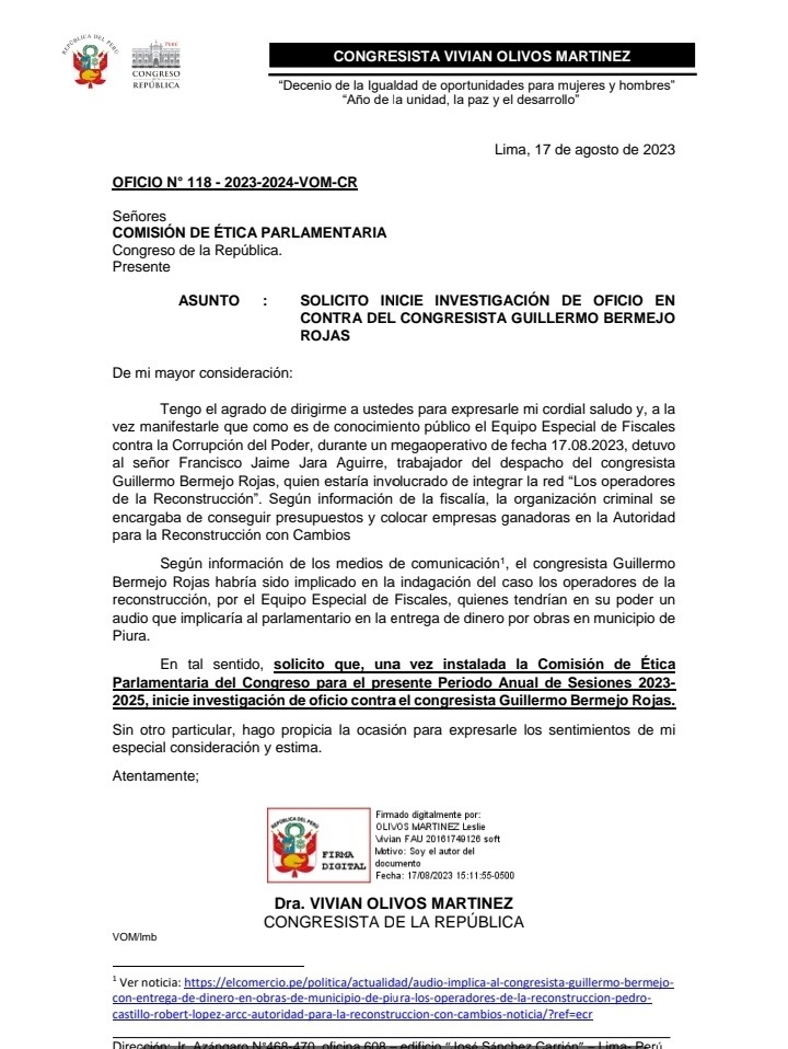 Vivian Olivos pide a Comisión de Ética investigar a Guillermo Bermejo por caso "Los Operadores de la Reconstrucción"