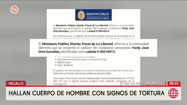 Hallan cuerpo de hombre con signos de tortura en Trujillo. Foto: América Noticias