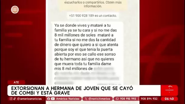 Extorsionan a hermana de joven en UCI tras caer de combi en Huaycán, Ate/ América Noticias Extorsionan a hermana de joven en UCI tras caer de combi en Huaycán, Ate/ América Noticias