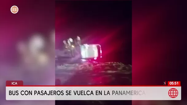 Ica: Bus con pasajeros volcó tras ser arrastrado por un huaico en la Panamericana Sur. Foto: América Noticias