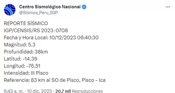  Imagen: Centro Sismológico Nacional 